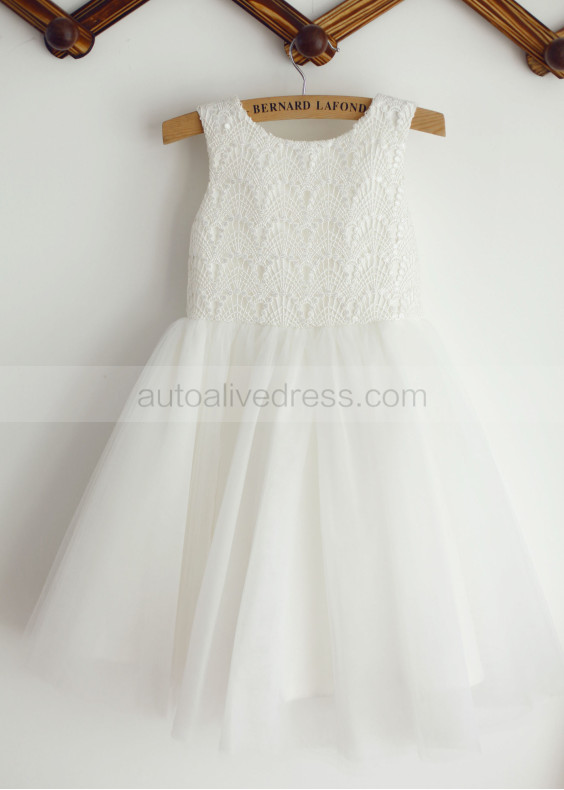 Ivory Lace Tulle Knee Length Flower Girl Dress